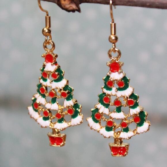 New Cute Enameled Christmas Tree Drop Earrings Gold E16 - Picture 3 of 3